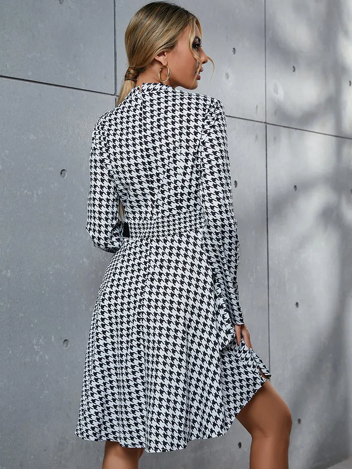 Houndstooth Long Sleeve A Line Dress