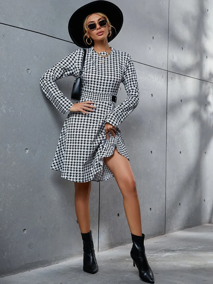 Houndstooth Long Sleeve A Line Dress
