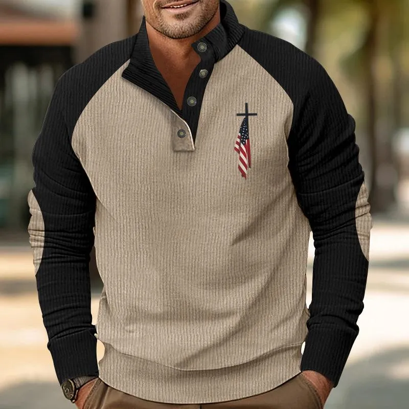 Men's Colorblock Corduroy Stand Collar Raglan Sleeve Casual Sweatshirt 92253603Z