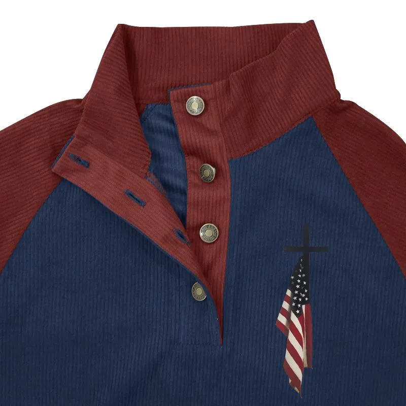 Men's Colorblock Corduroy Stand Collar Raglan Sleeve Casual Sweatshirt 92253603Z