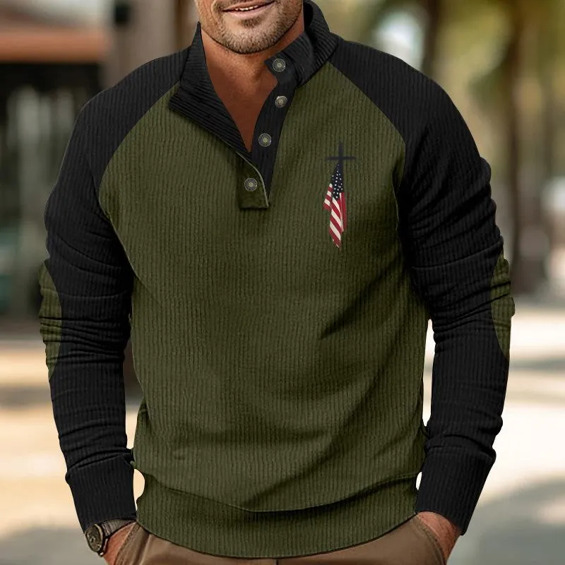 Men's Colorblock Corduroy Stand Collar Raglan Sleeve Casual Sweatshirt 92253603Z