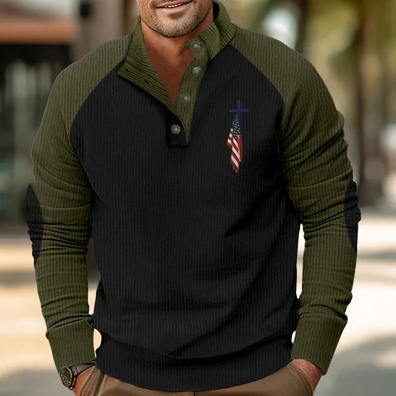 Men's Colorblock Corduroy Stand Collar Raglan Sleeve Casual Sweatshirt 92253603Z