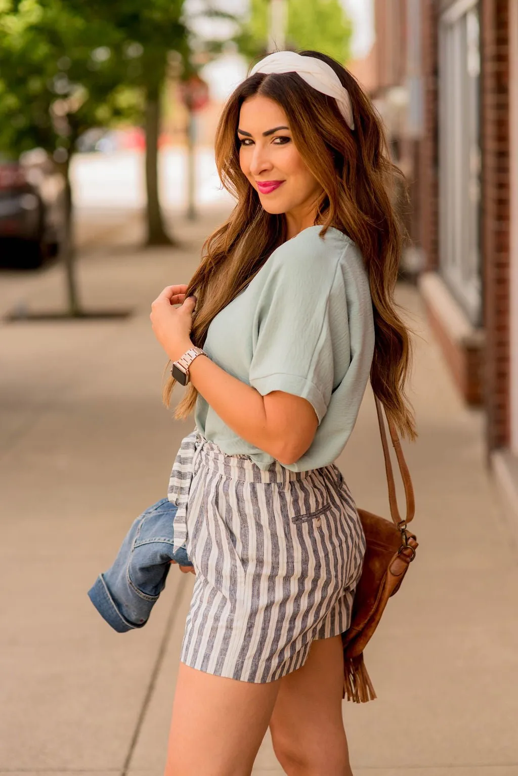 Mixed Stripe Tie Waist Shorts