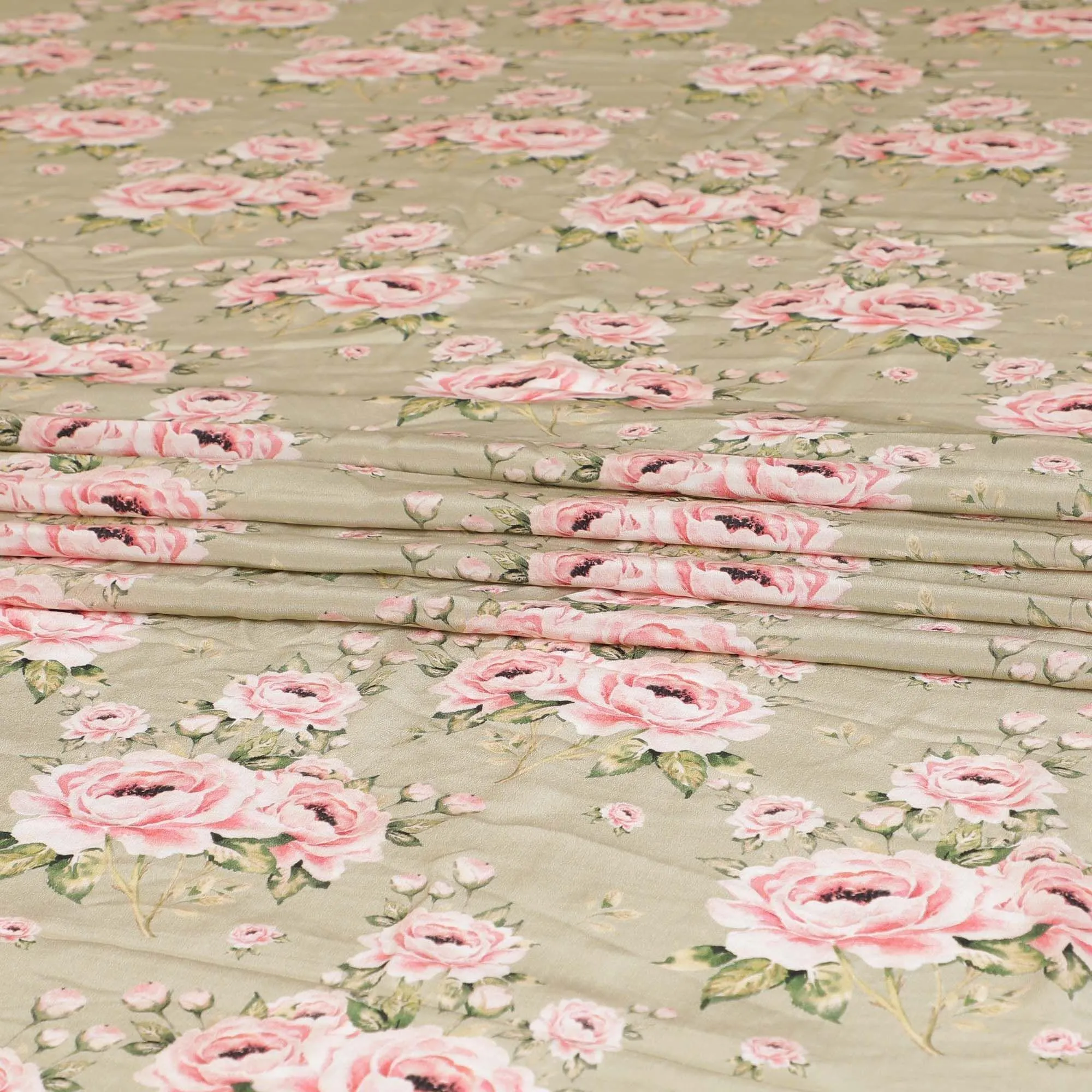 Moss green premium pure silk crepe fabric with baby pink, off white and sage green print in floral design-D9396