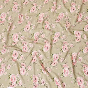 Moss green premium pure silk crepe fabric with baby pink, off white and sage green print in floral design-D9396