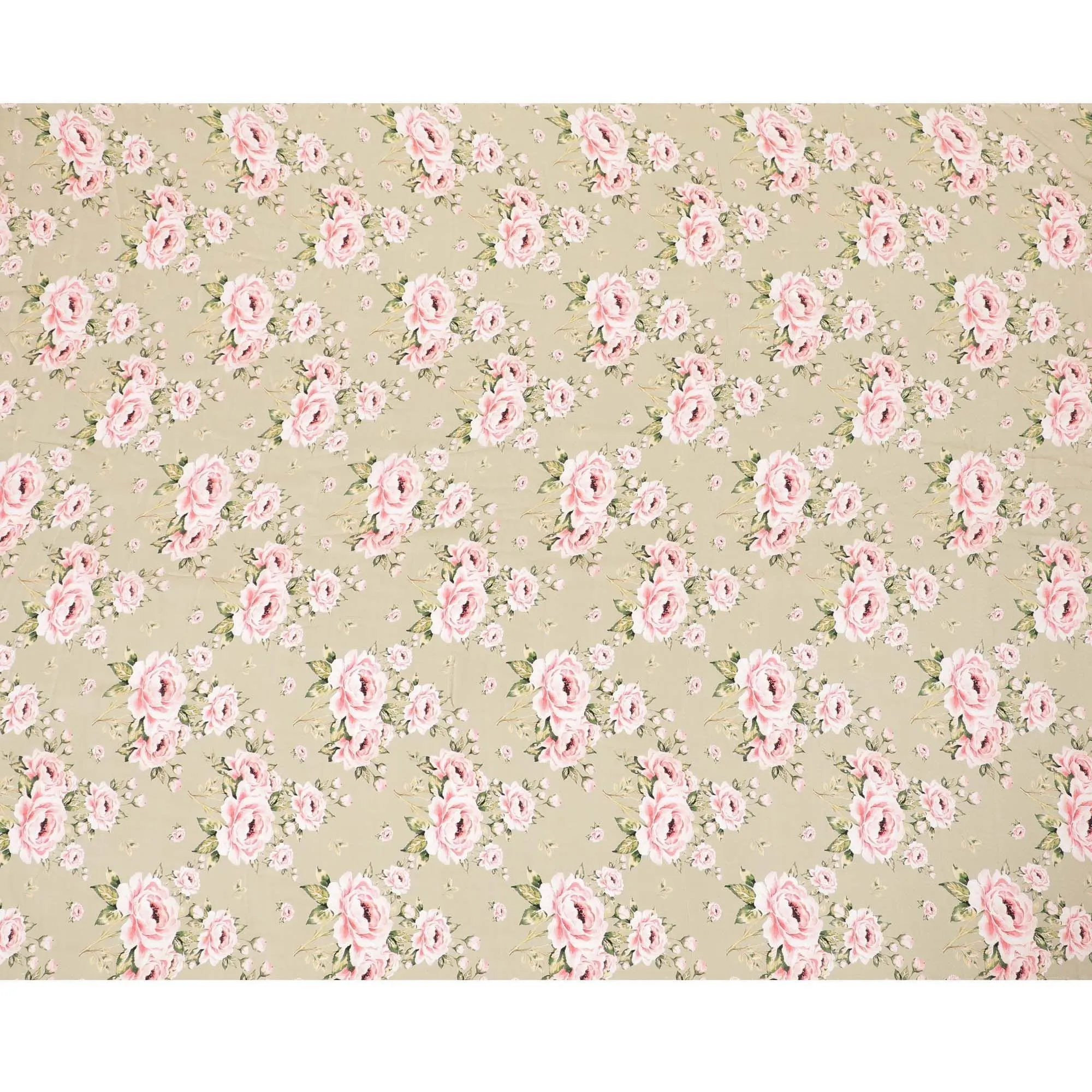 Moss green premium pure silk crepe fabric with baby pink, off white and sage green print in floral design-D9396