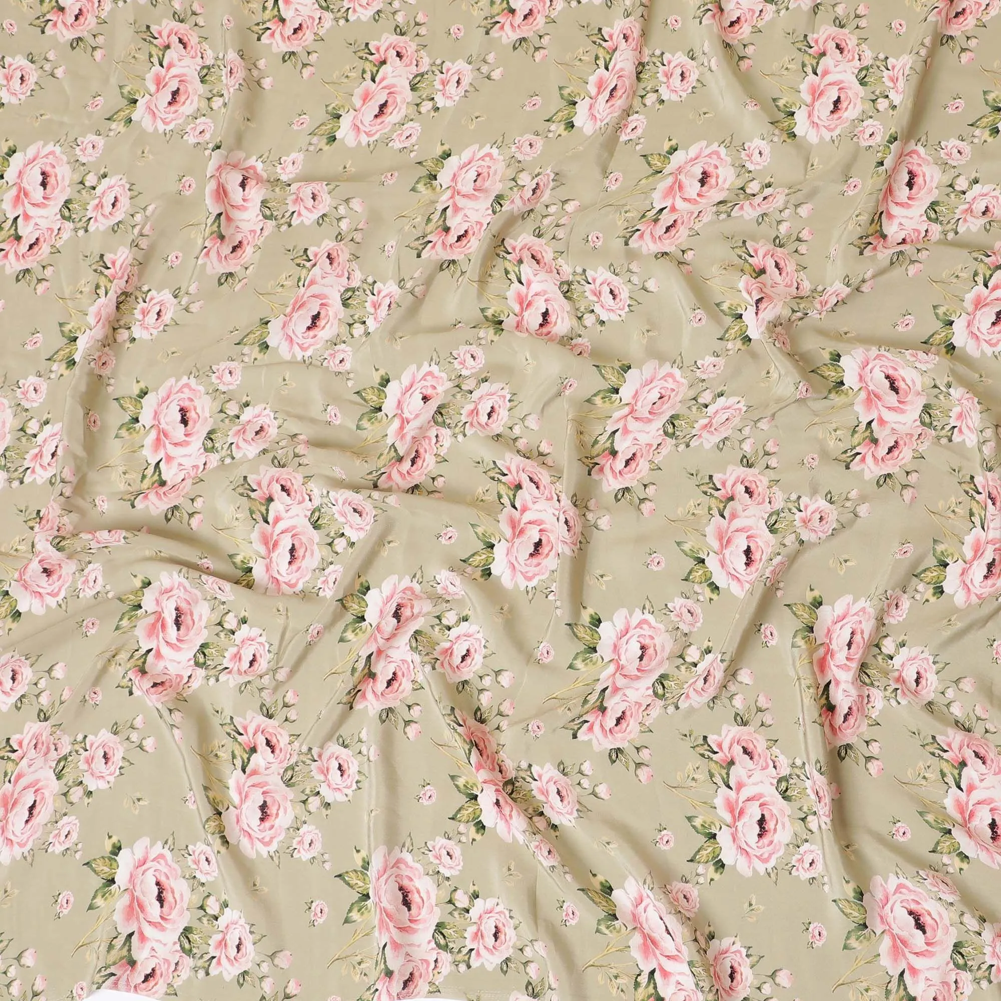 Moss green premium pure silk crepe fabric with baby pink, off white and sage green print in floral design-D9396