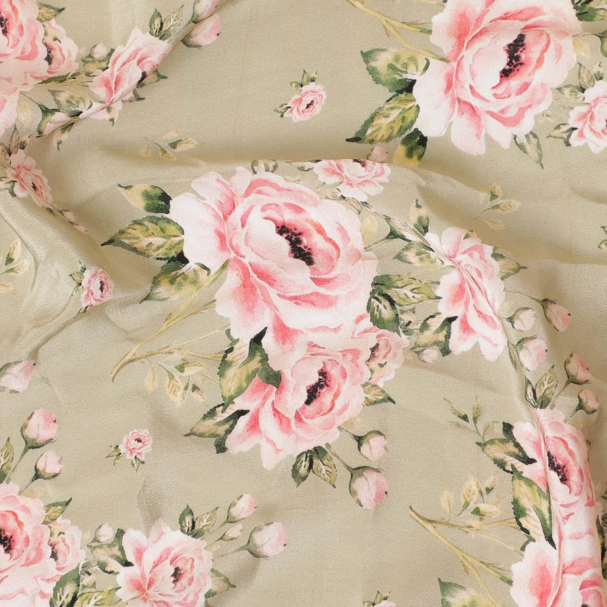 Moss green premium pure silk crepe fabric with baby pink, off white and sage green print in floral design-D9396