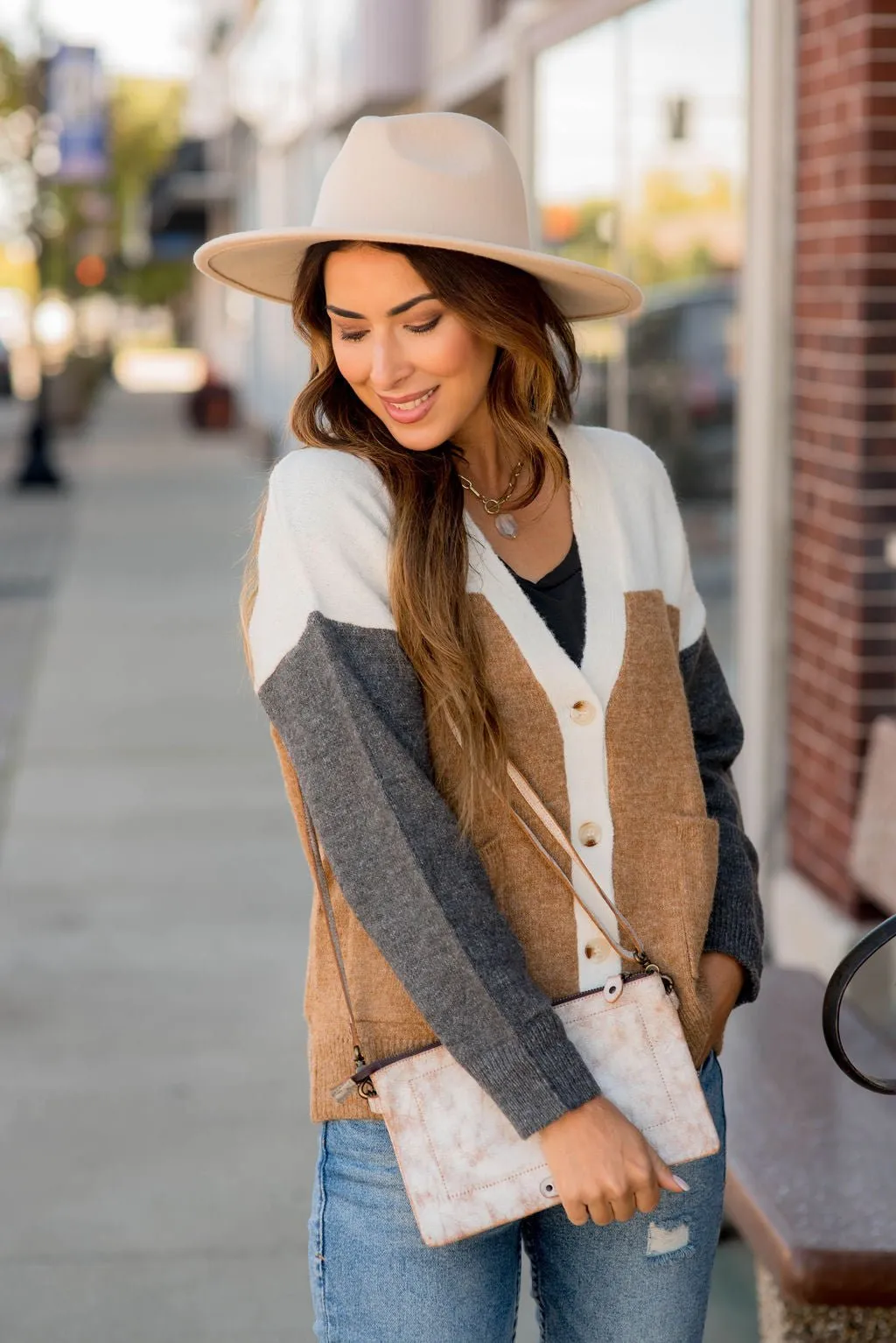 Neutral Blocked Button Accent Cardigan