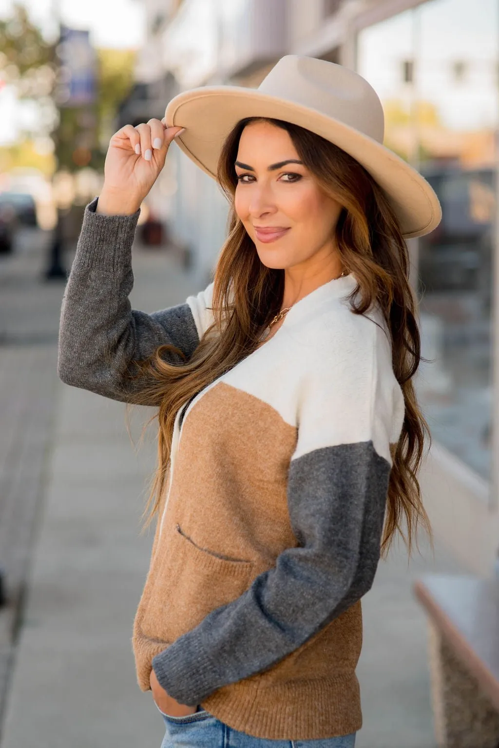 Neutral Blocked Button Accent Cardigan