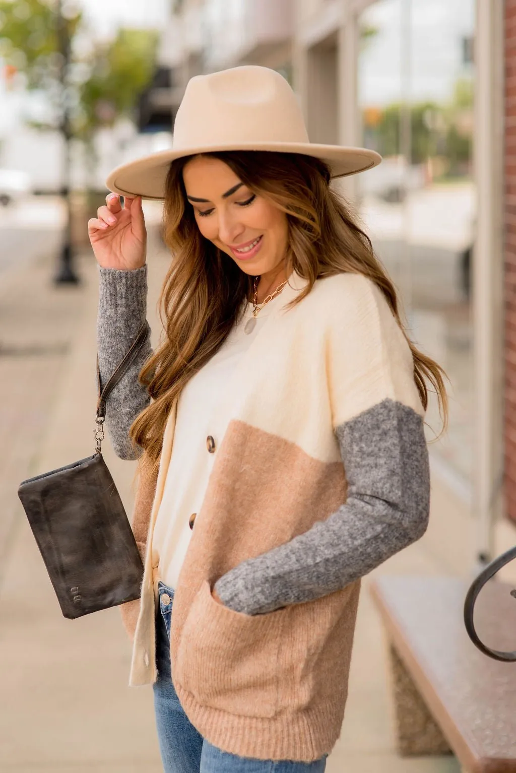 Neutral Blocked Button Accent Cardigan