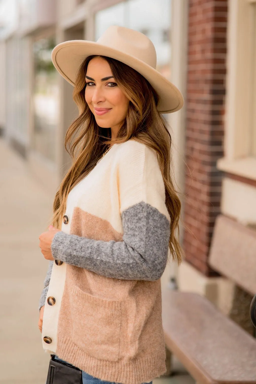 Neutral Blocked Button Accent Cardigan