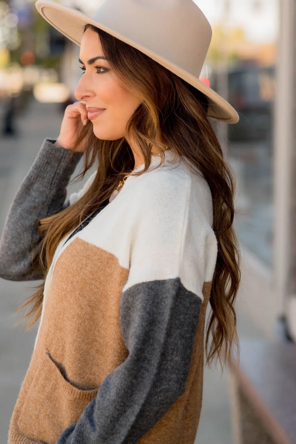 Neutral Blocked Button Accent Cardigan