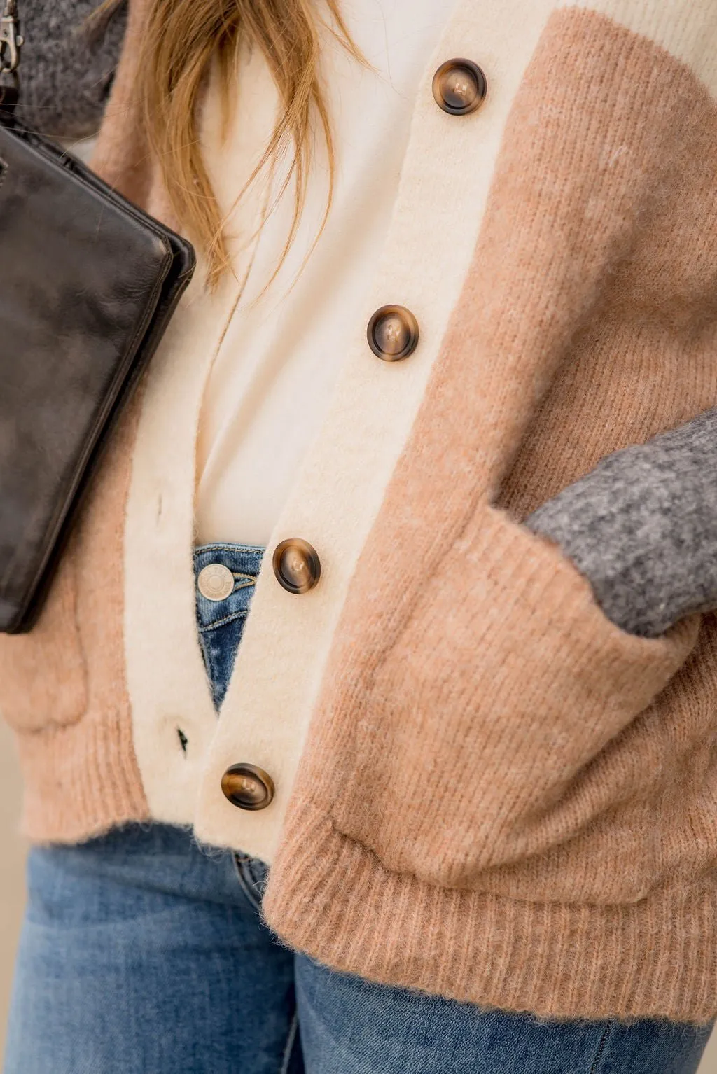 Neutral Blocked Button Accent Cardigan