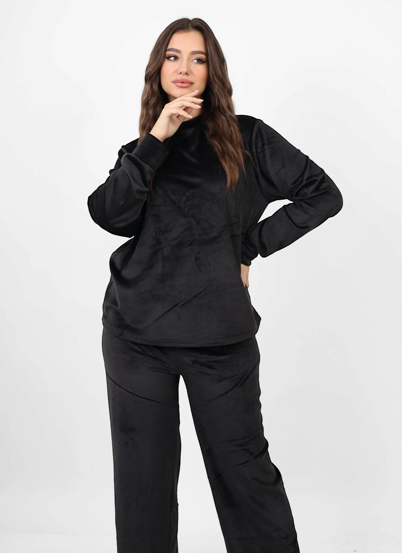 Night pjs with fleece backing set - Black