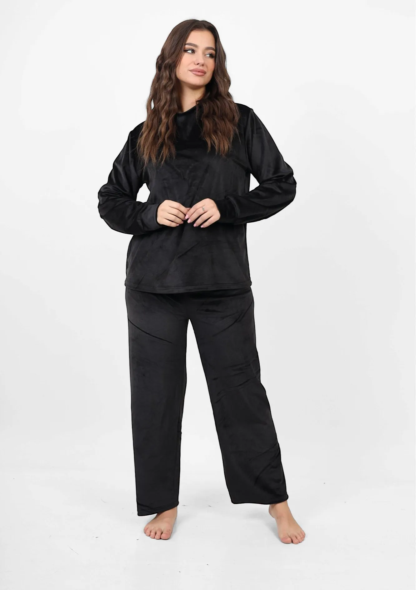 Night pjs with fleece backing set - Black