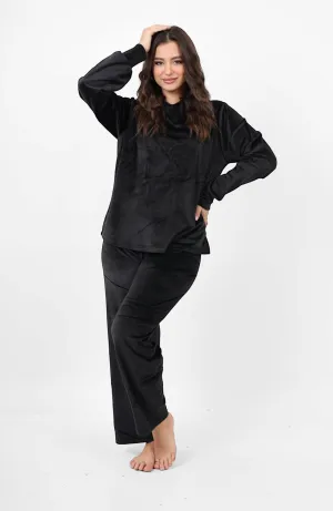 Night pjs with fleece backing set - Black