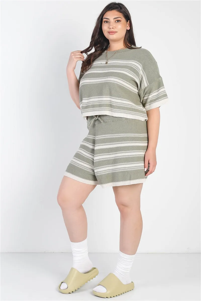 Olive Striped Knit Short Sleeve Crop Top High Waist Shorts Set