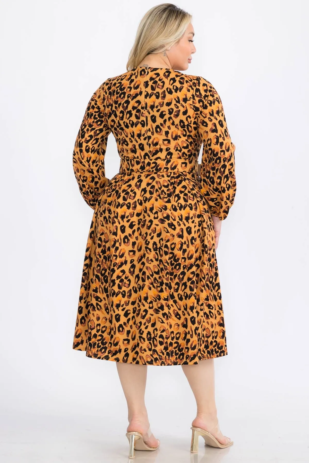 Plus Size Animal Skin Bishop Sleeves Sleeves Midi Dress with Belt