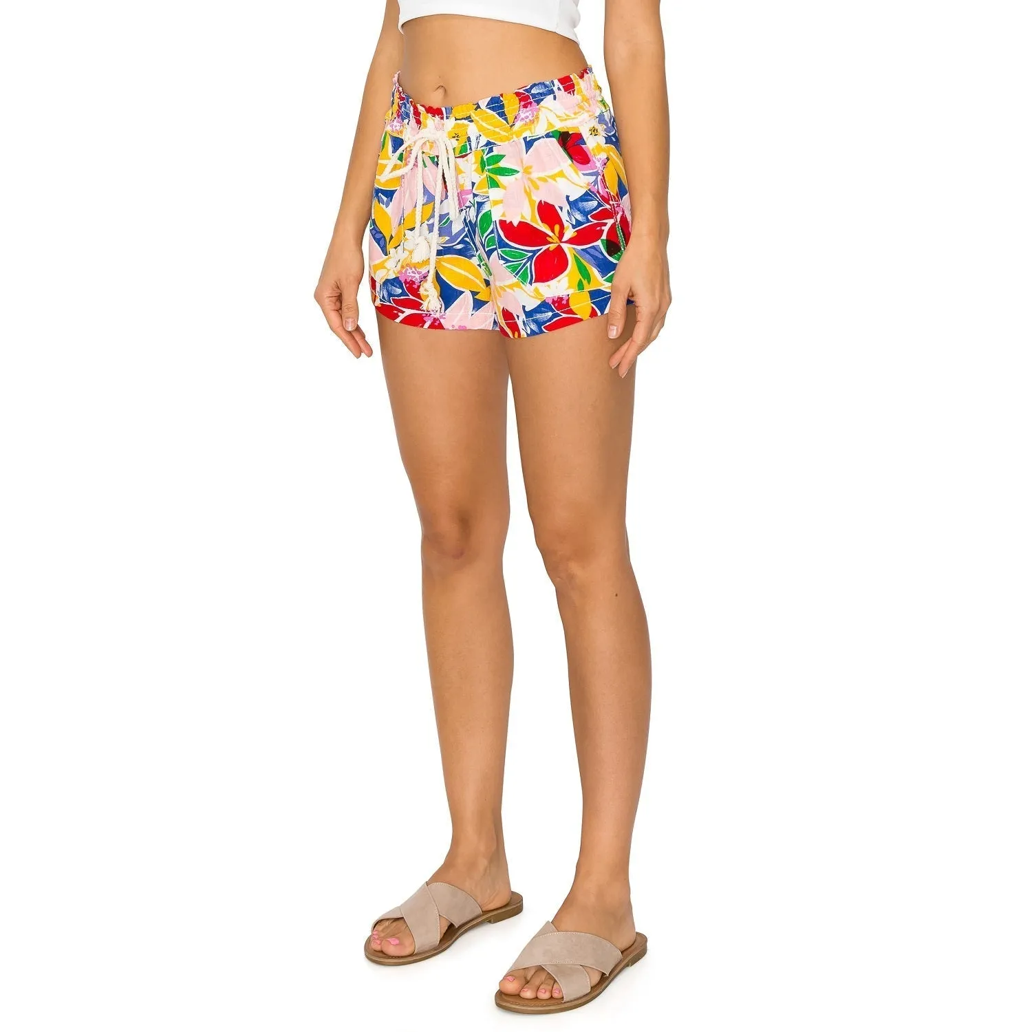 Printed Drawstring Linen Shorts - Red Yellow Floral