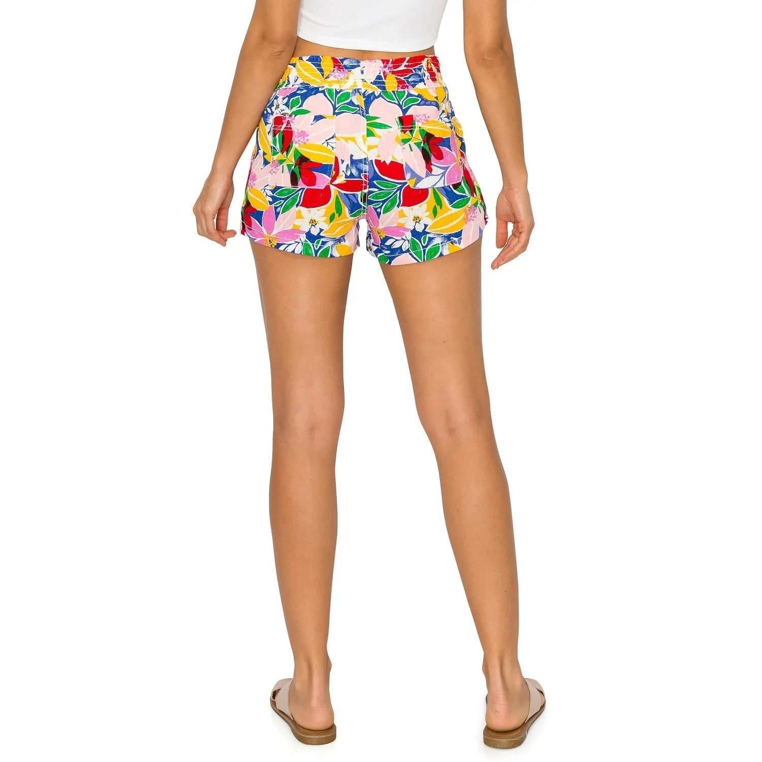 Printed Drawstring Linen Shorts - Red Yellow Floral