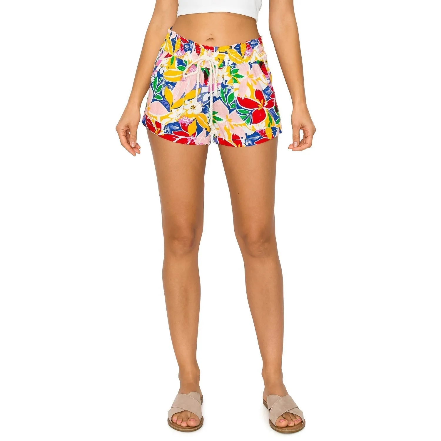 Printed Drawstring Linen Shorts - Red Yellow Floral