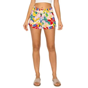 Printed Drawstring Linen Shorts - Red Yellow Floral