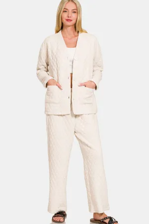 Quilted Button Up Long Sleeve Top and Pants Lounge Set