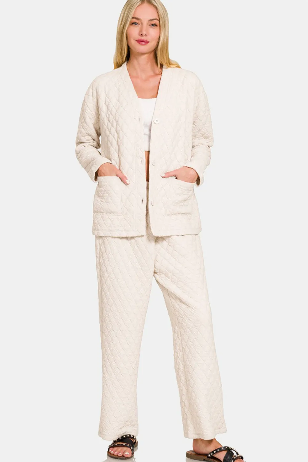 Quilted Button Up Long Sleeve Top and Pants Lounge Set