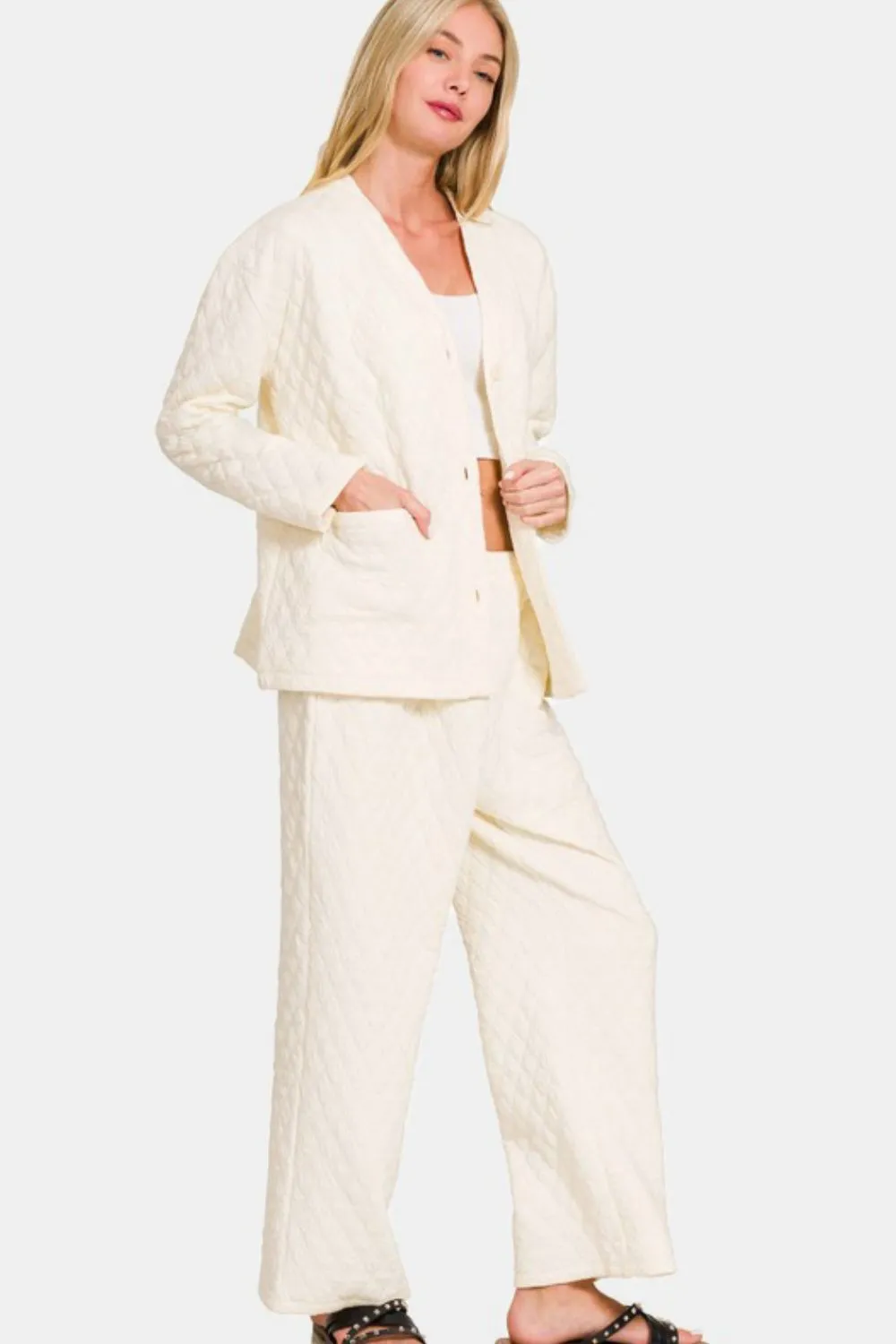 Quilted Button Up Long Sleeve Top and Pants Lounge Set