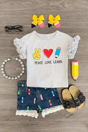 "Peace Love Learn" Lace Denim Short Set