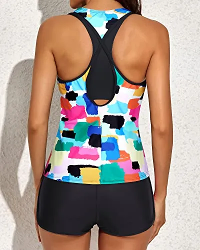 Racerback Bikini Top Tankinis Sports Bra And Boyshorts Swimsuits-Color Tie Dye