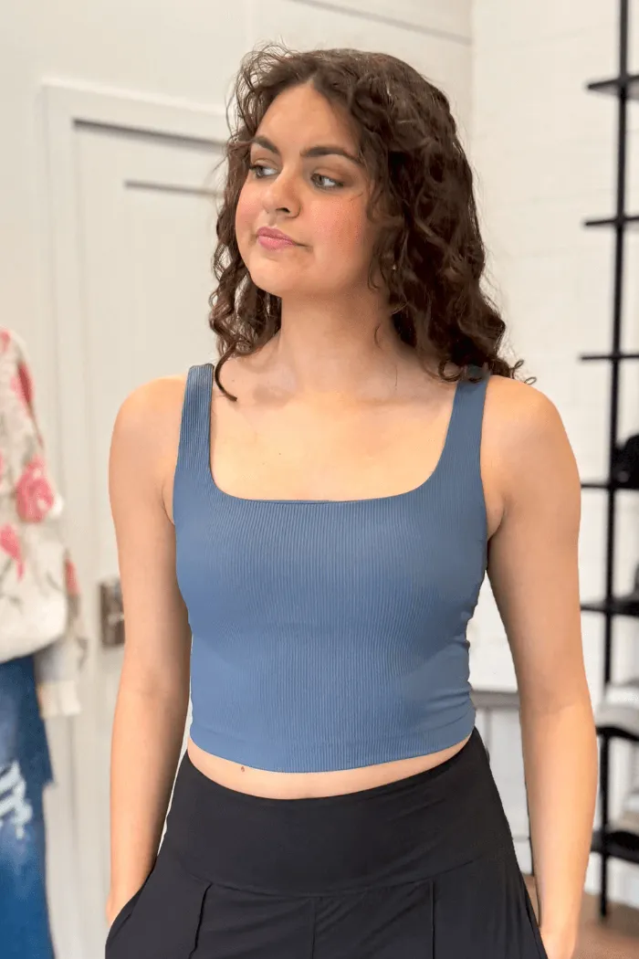 Ribbed Square Neck Cropped Tank in Blue