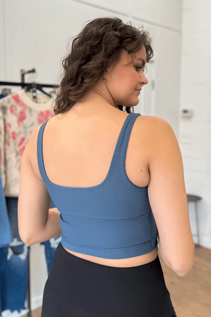 Ribbed Square Neck Cropped Tank in Blue