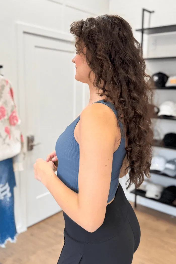Ribbed Square Neck Cropped Tank in Blue