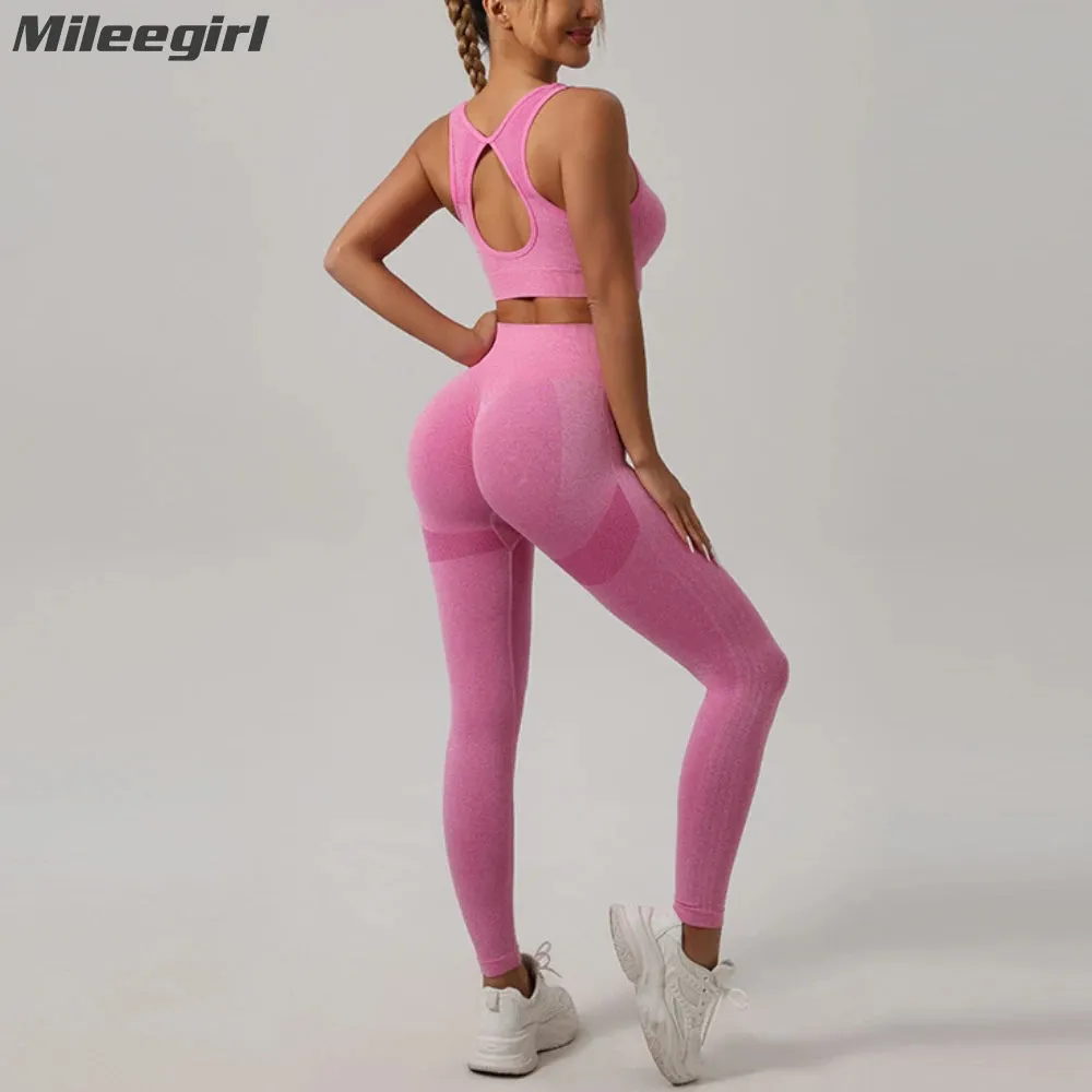 Seamless Women's 2-Piece Workout Set - Push Up Sports Bra & High Waist Yoga Leggings, Breathable & Quick Dry Fitness Apparel