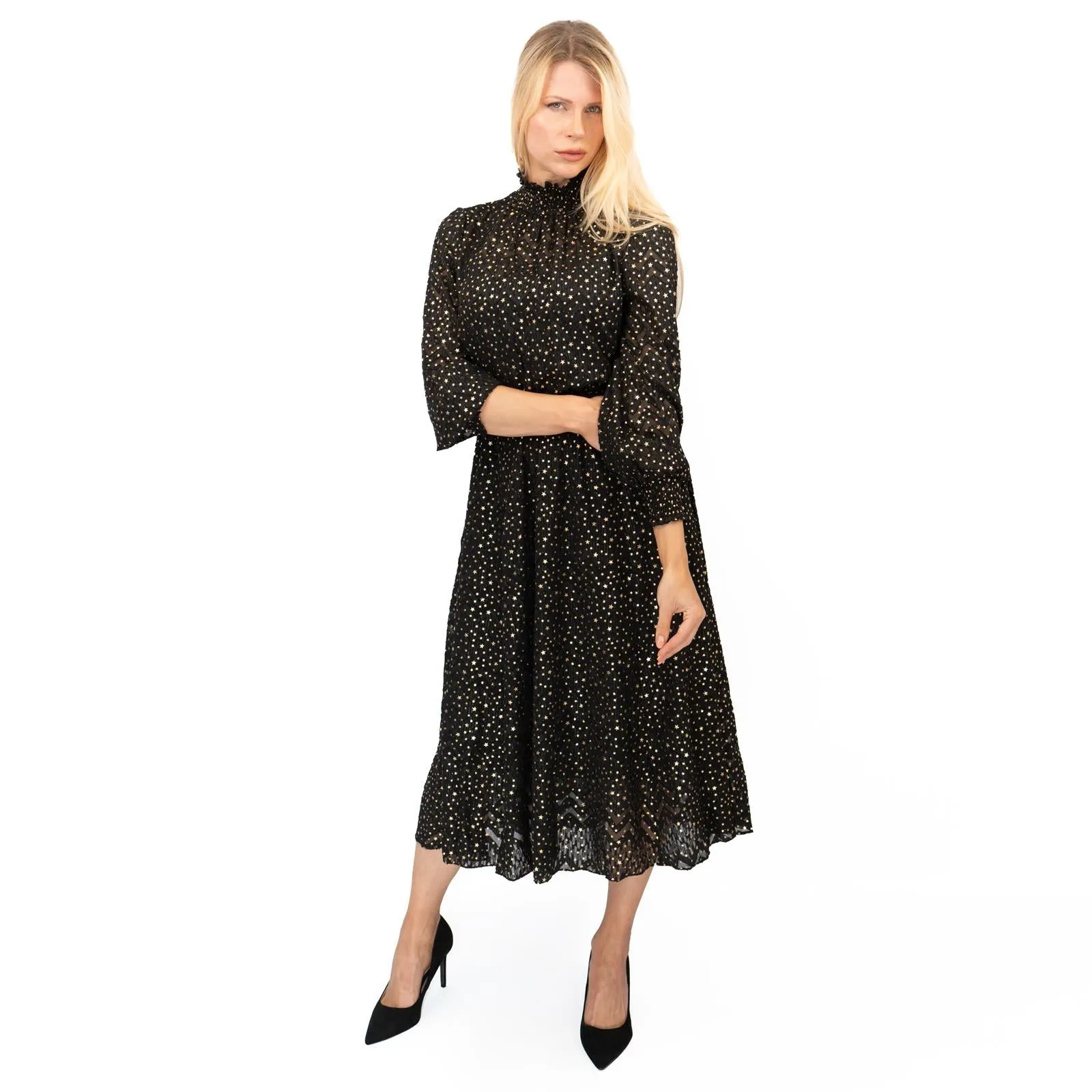 TED BAKER Elsiie Black Gold Star Midi Dress