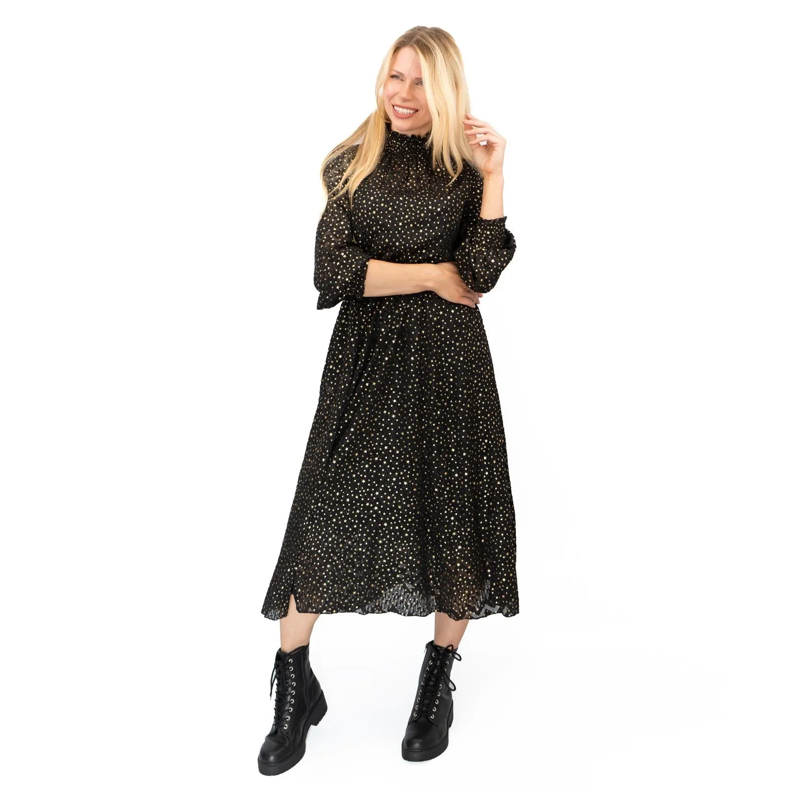 TED BAKER Elsiie Black Gold Star Midi Dress