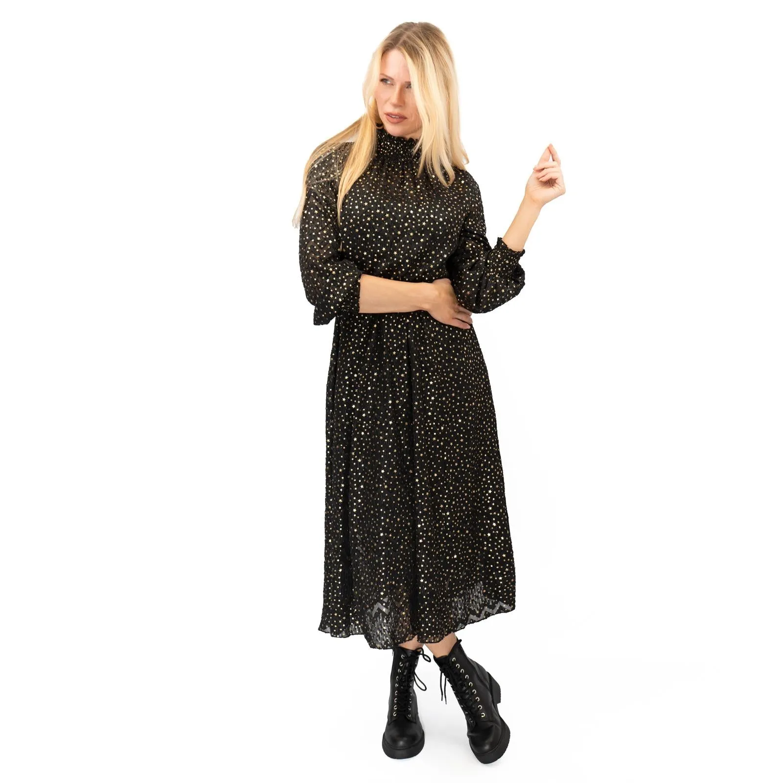 TED BAKER Elsiie Black Gold Star Midi Dress