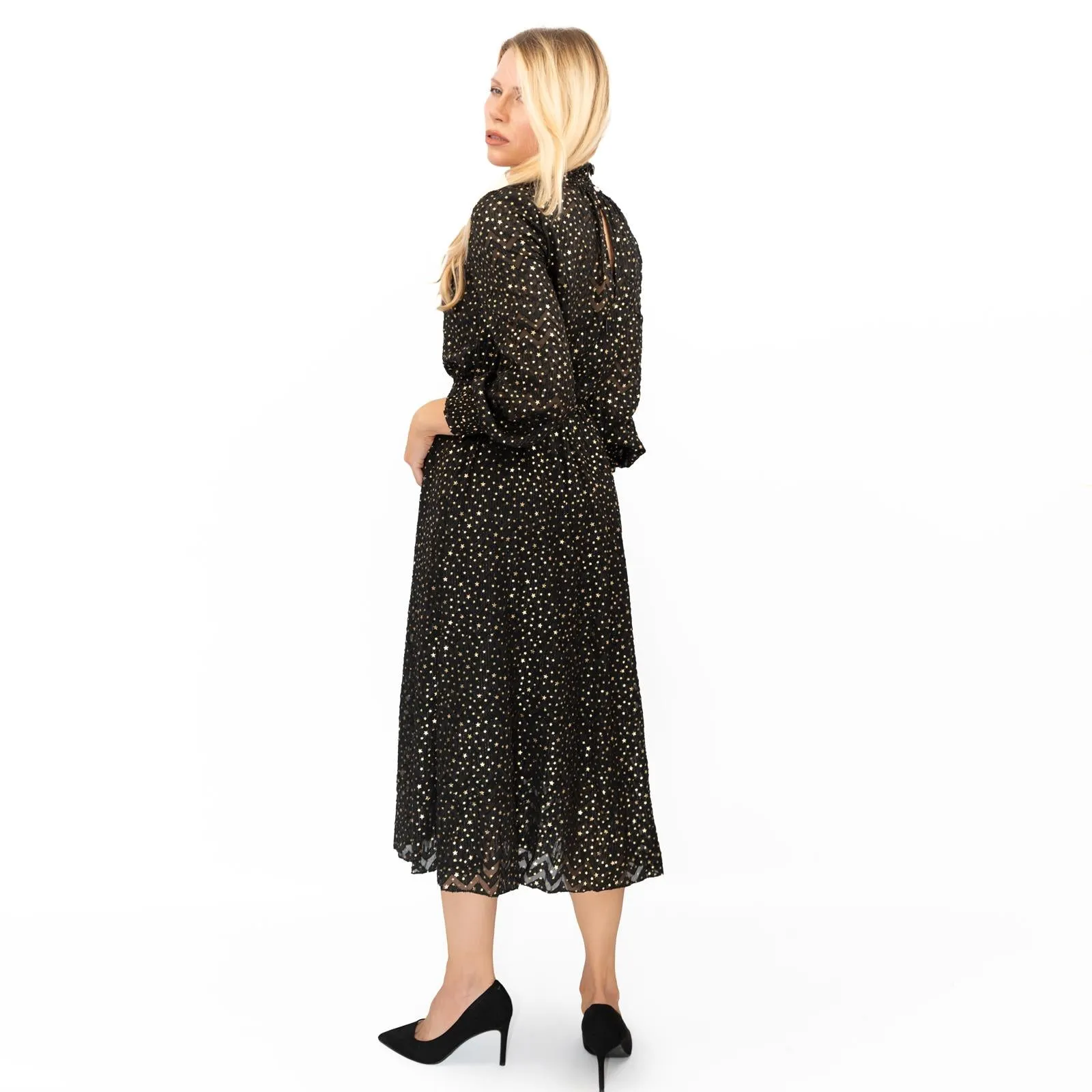 TED BAKER Elsiie Black Gold Star Midi Dress