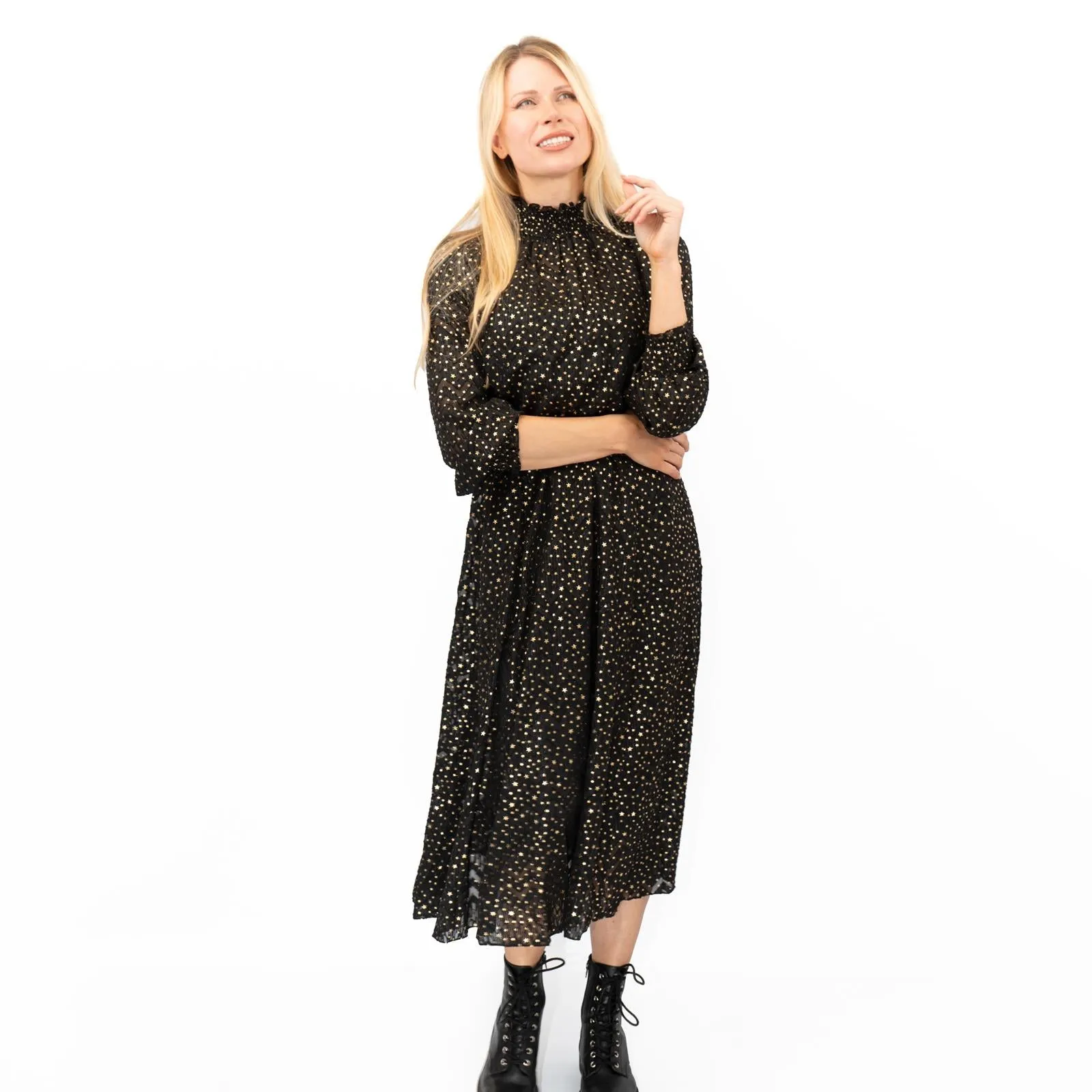 TED BAKER Elsiie Black Gold Star Midi Dress