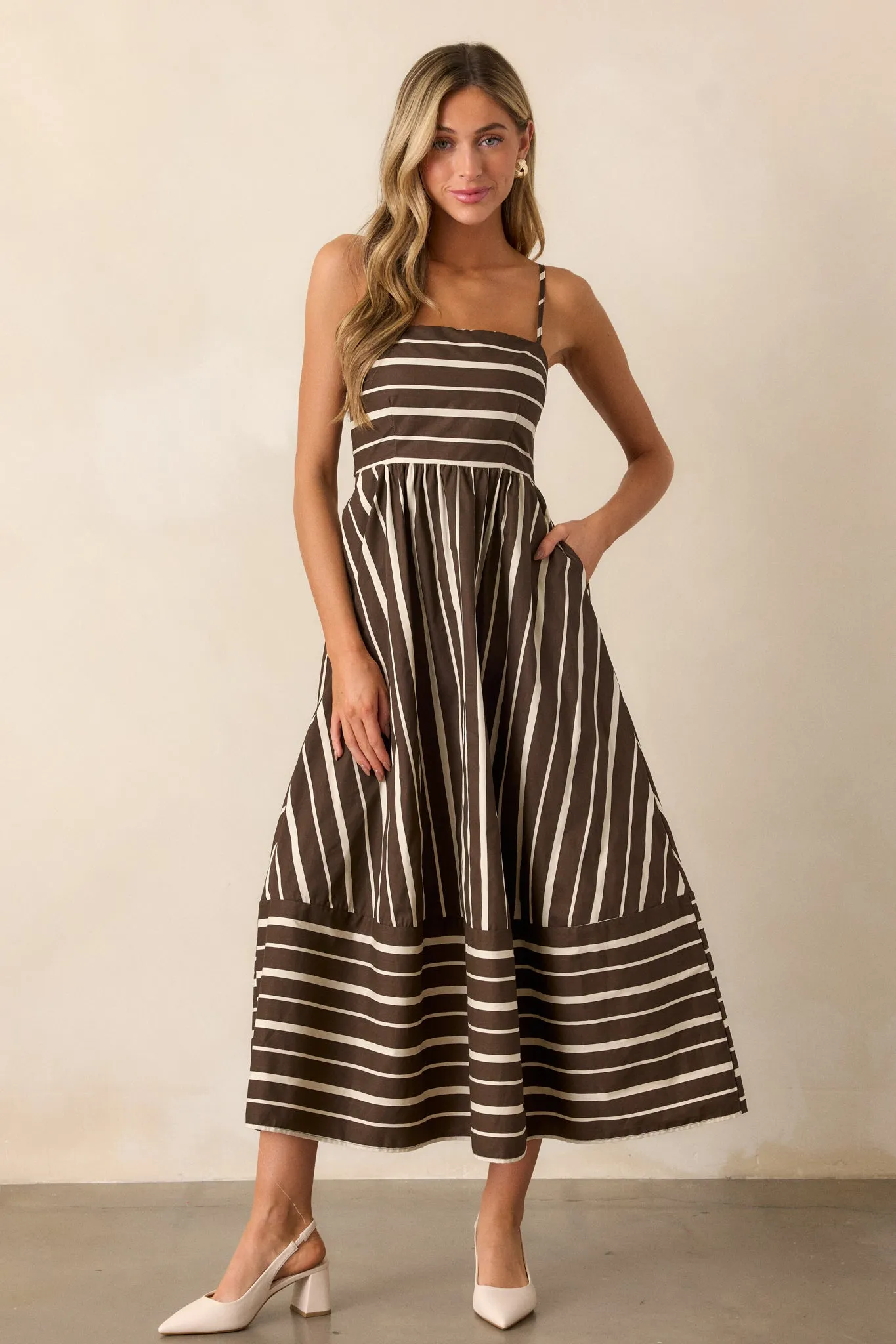 The Art of Balance Cotton Brown Stripe Sleeveless Midi Dress