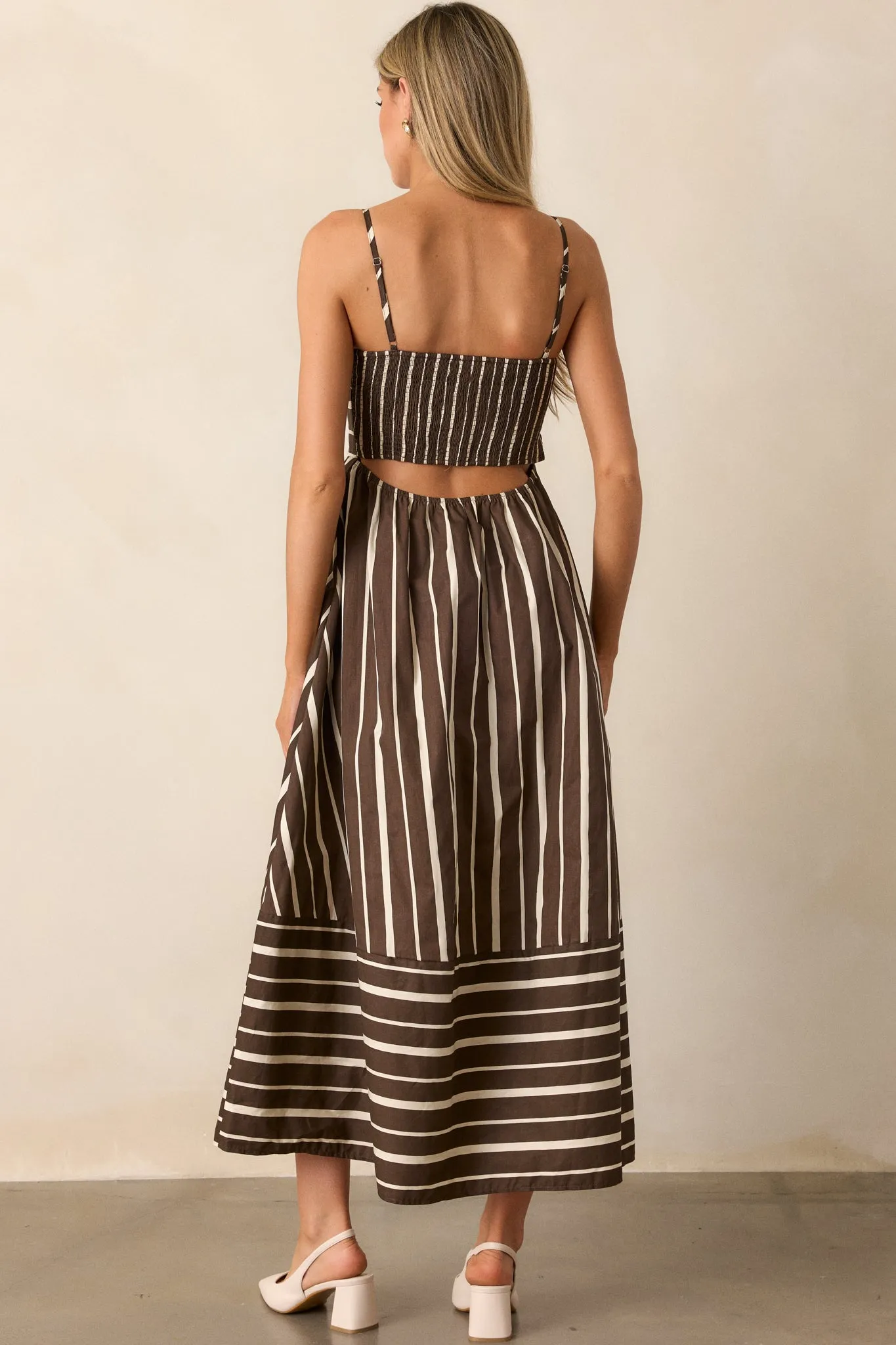 The Art of Balance Cotton Brown Stripe Sleeveless Midi Dress