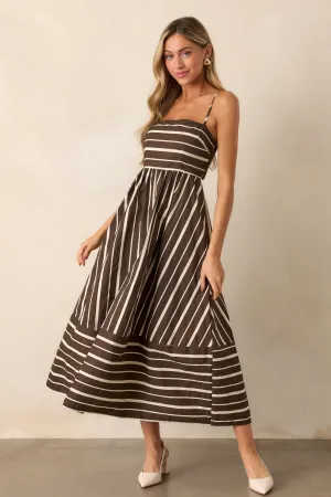 The Art of Balance Cotton Brown Stripe Sleeveless Midi Dress