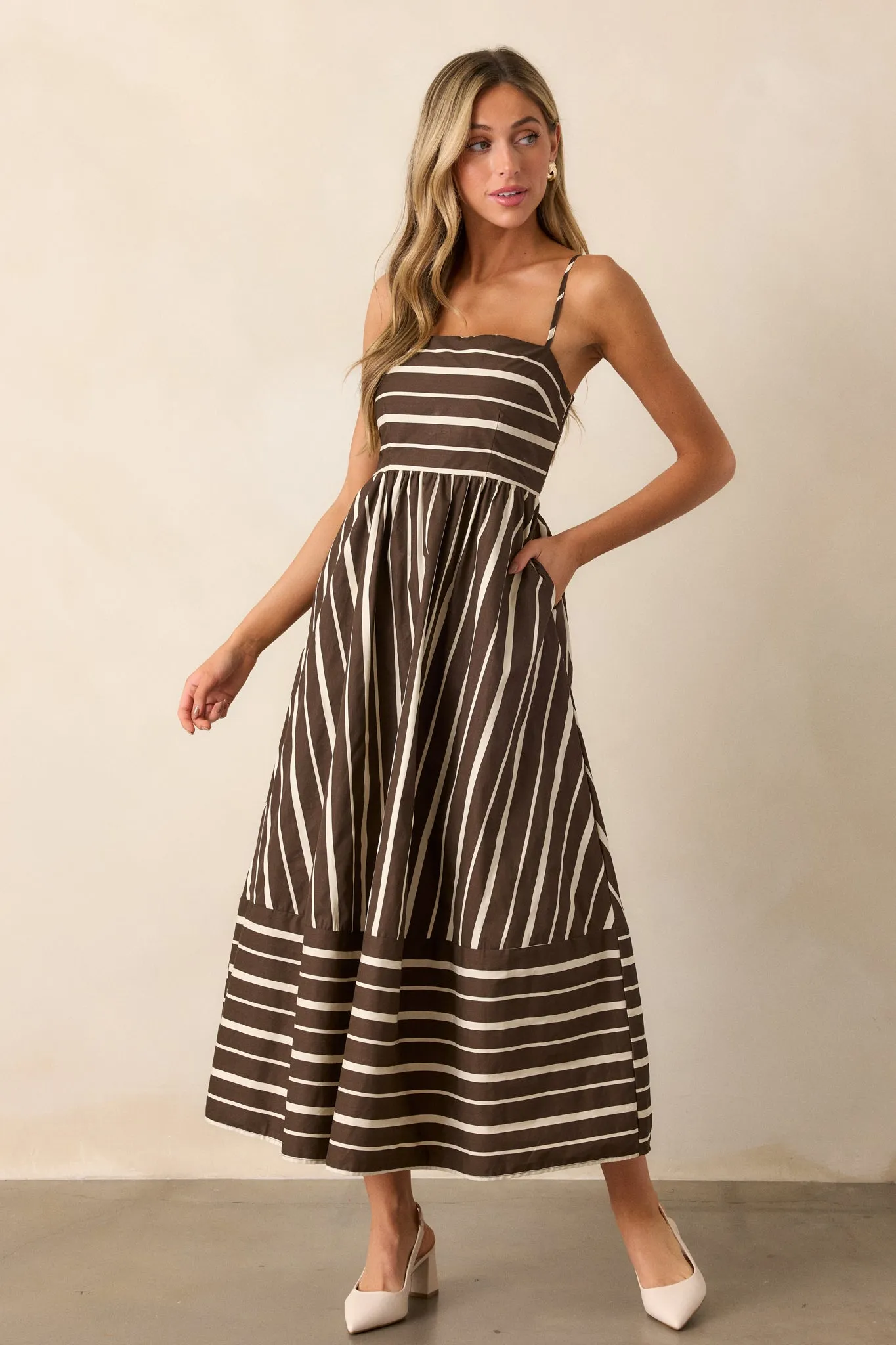 The Art of Balance Cotton Brown Stripe Sleeveless Midi Dress