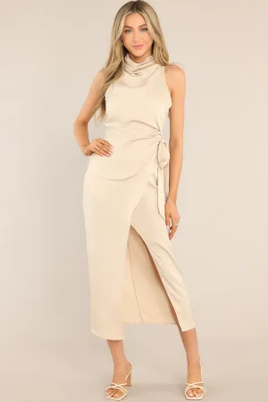 The Way Out Beige Cowl Neck Midi Dress