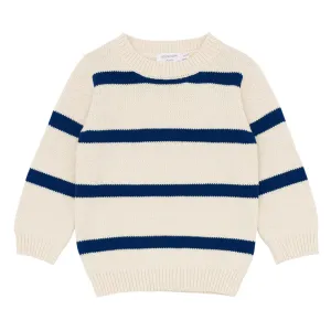 unisex cream and navy wide stripe knit sweater
