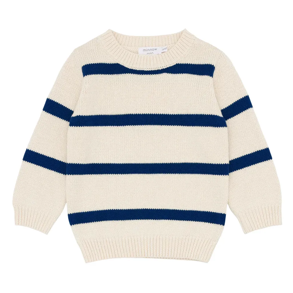 unisex cream and navy wide stripe knit sweater