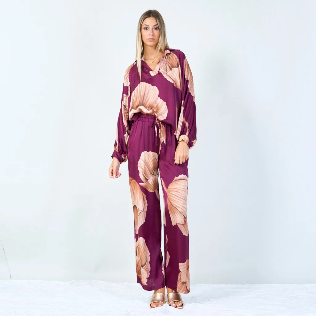 Wide-leg floral pants with elastic waist wholesale