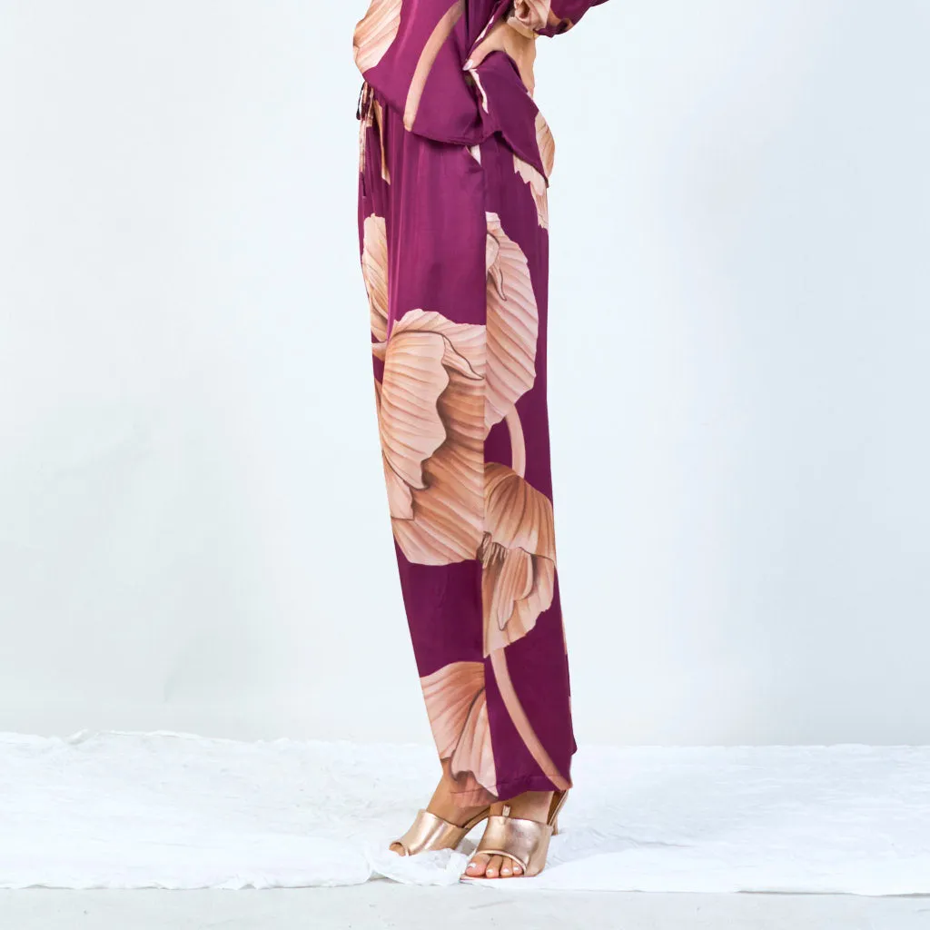 Wide-leg floral pants with elastic waist wholesale